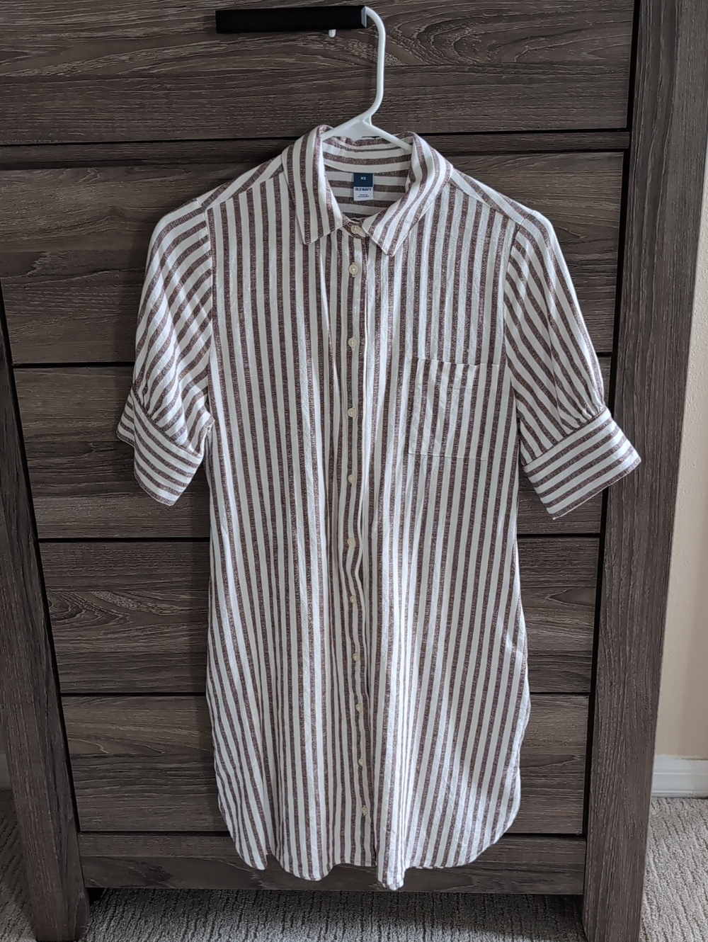 Brown and White Vertical Stripe Short-Sleeve Button-Down Shirt Dress